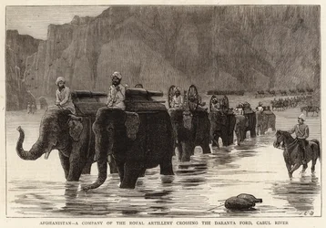 Afghanistan, et kompani av Royal Artillery som krysser Daranta Ford, Cabul River